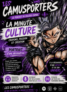 Affiche des Camusporters avec un dessin manga et univers artistique.